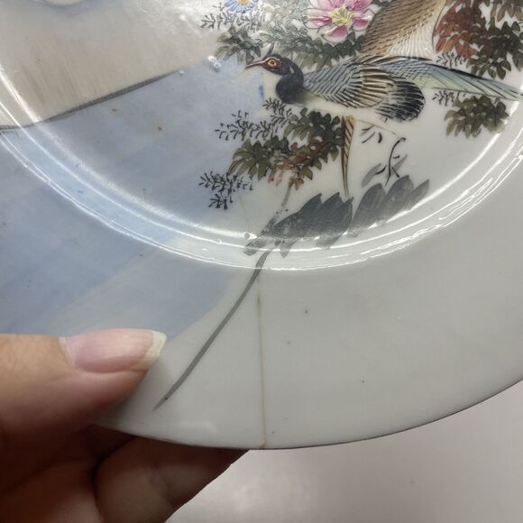 A Pair Japanese Kutani Porcelain Crane/Floral Motifs Plates (Meiji Period) - Picture 10 of 15